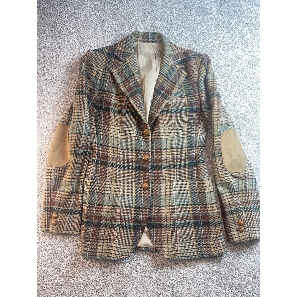 Vtg 70's Plaid Wool Tweed Blazer Suede Elbow Patches Union Made Equestrian Sz 6